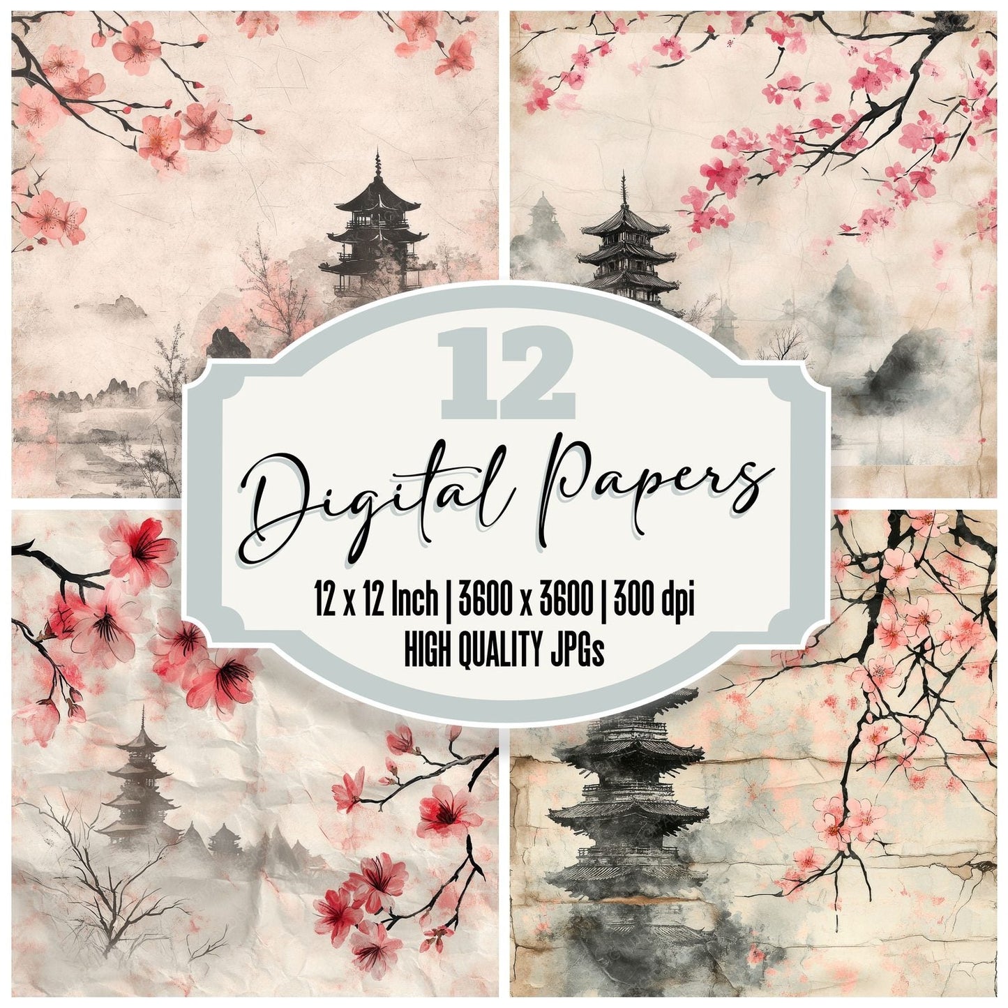 Japan Cherry Blossom Pagoda Digital Paper Pack (DDD002195)