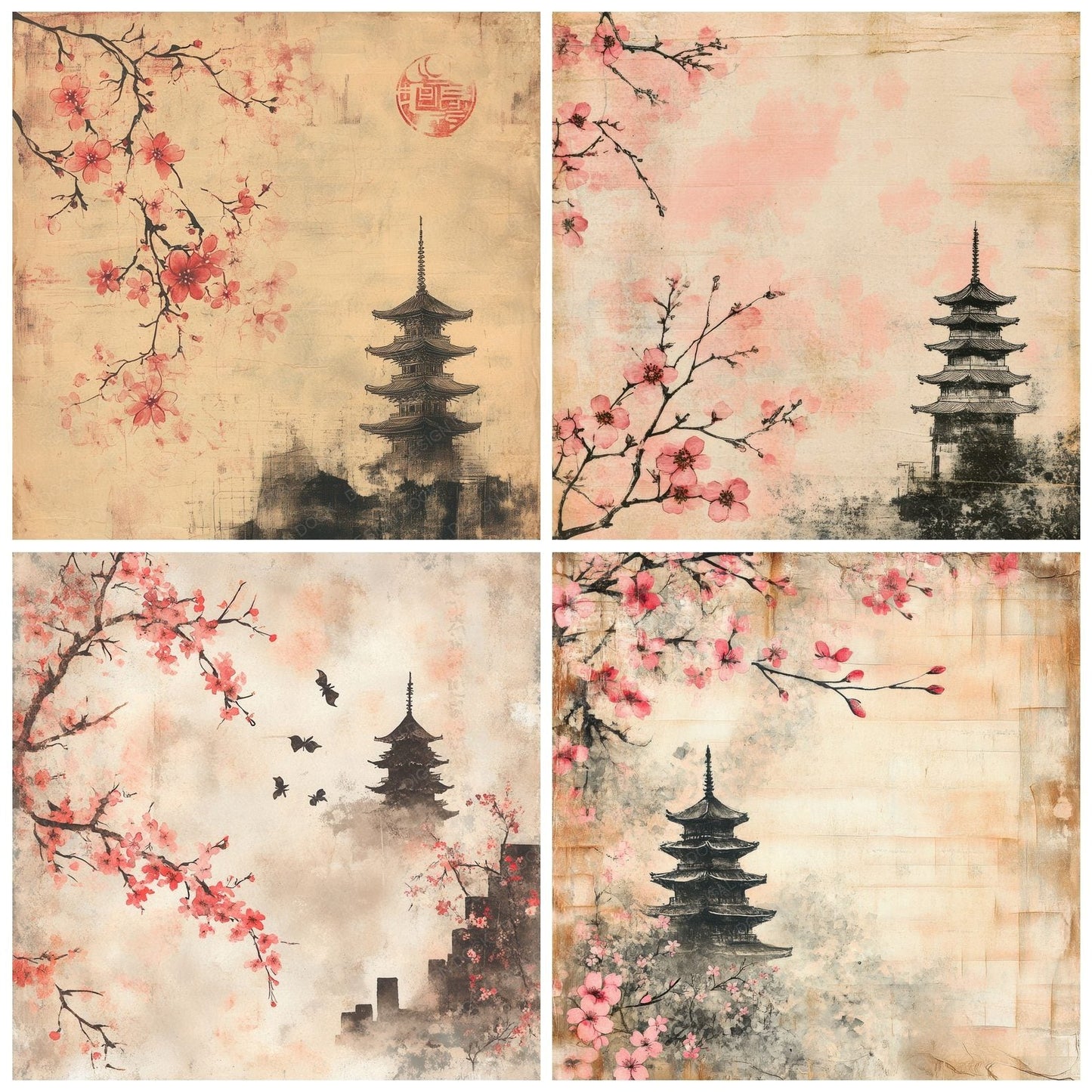 Japan Cherry Blossom Pagoda Digital Paper Pack (DDD002195)