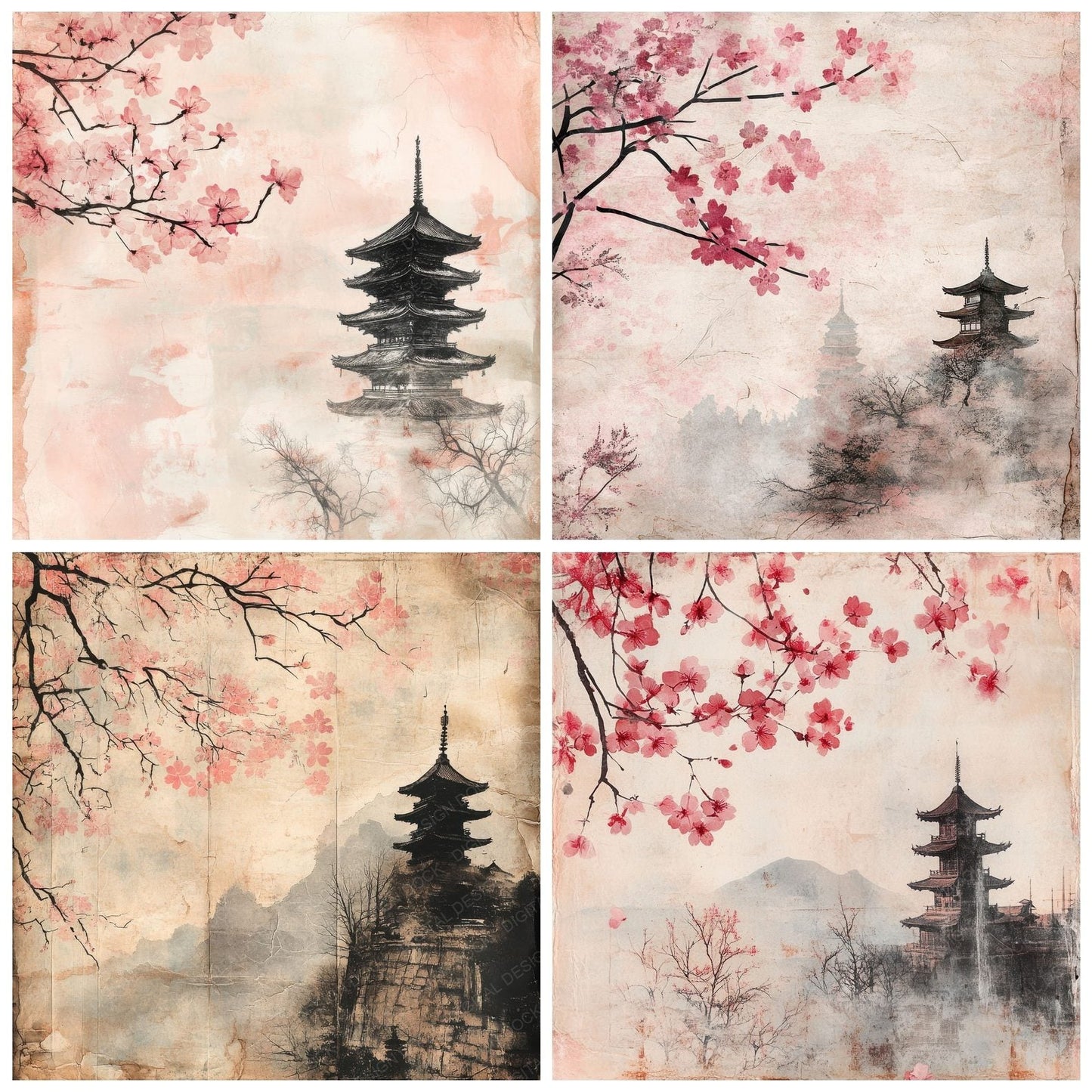 Japan Cherry Blossom Pagoda Digital Paper Pack (DDD002195)