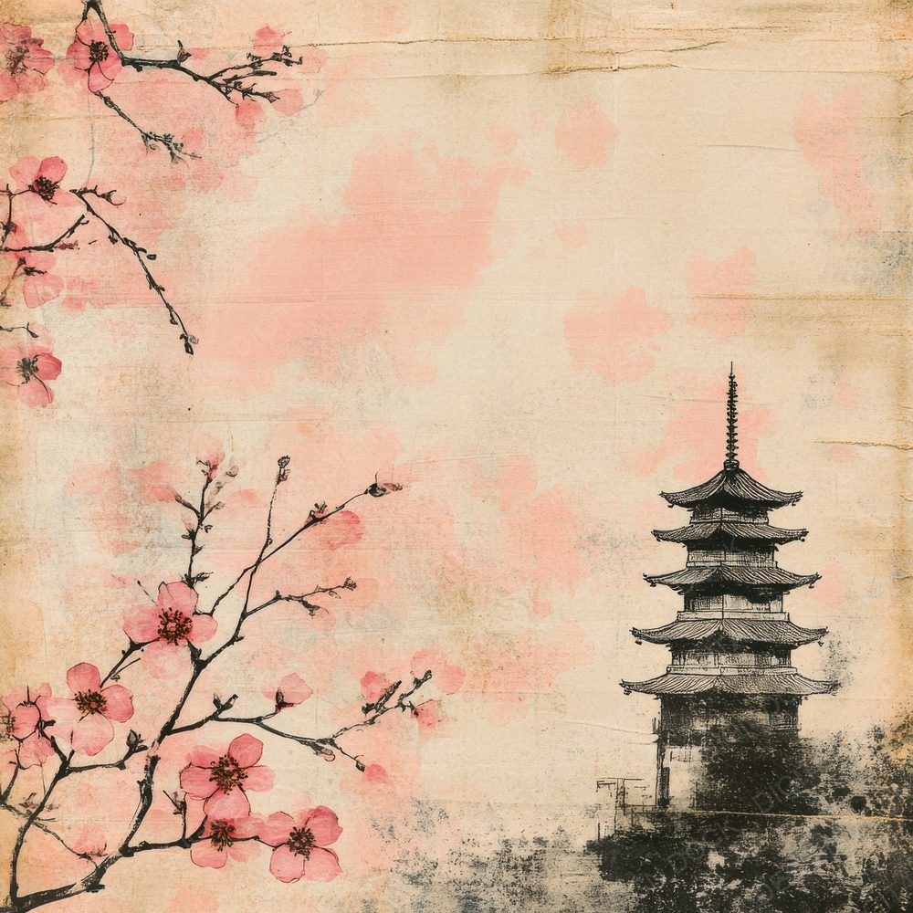 Japan Cherry Blossom Pagoda Digital Paper Pack (DDD002195)