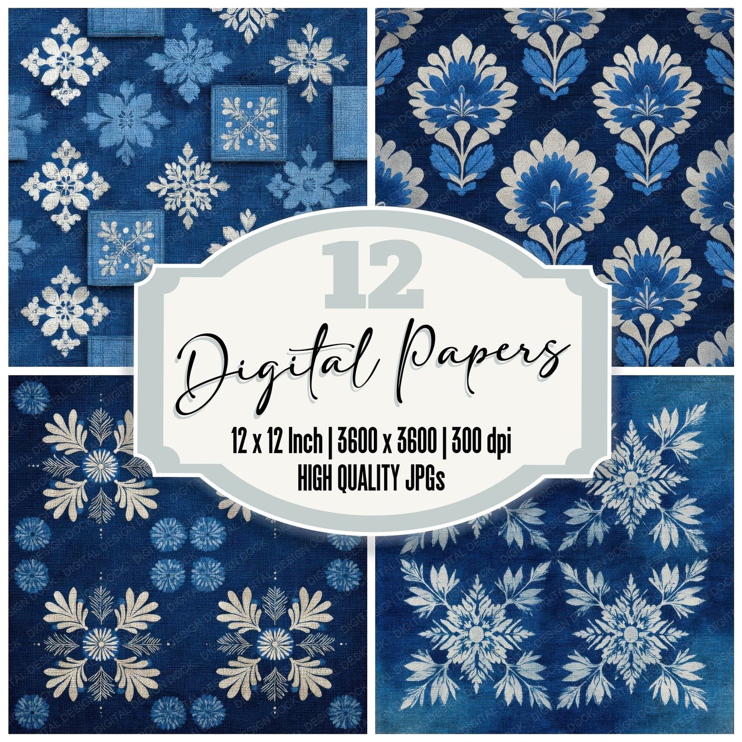 Katazome Indigo Stencil Linen Resist Digital Paper Pack (DDD002233)