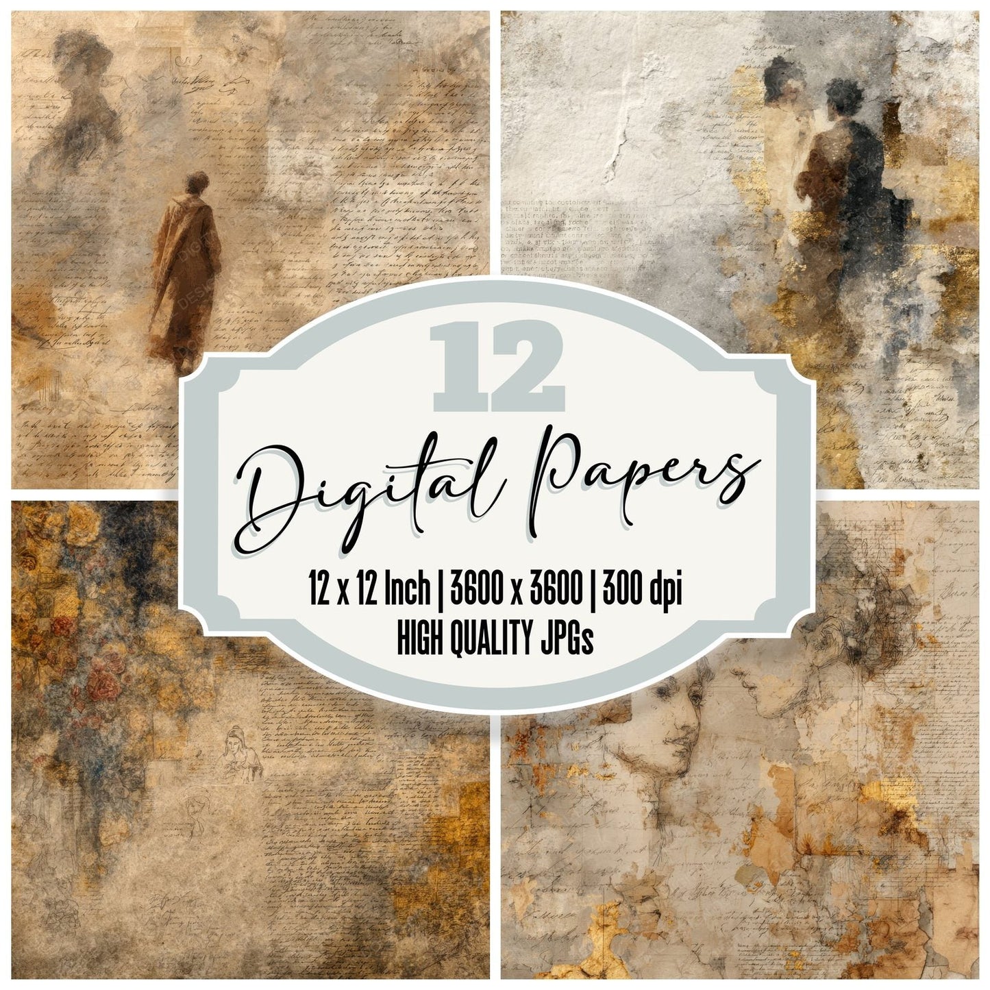 Klimt Sketch Gold Edge Parchment Digital Paper Pack (DDD002247)