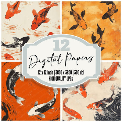 Koi Print Border digital paper pack cover showing four of the 12 papers