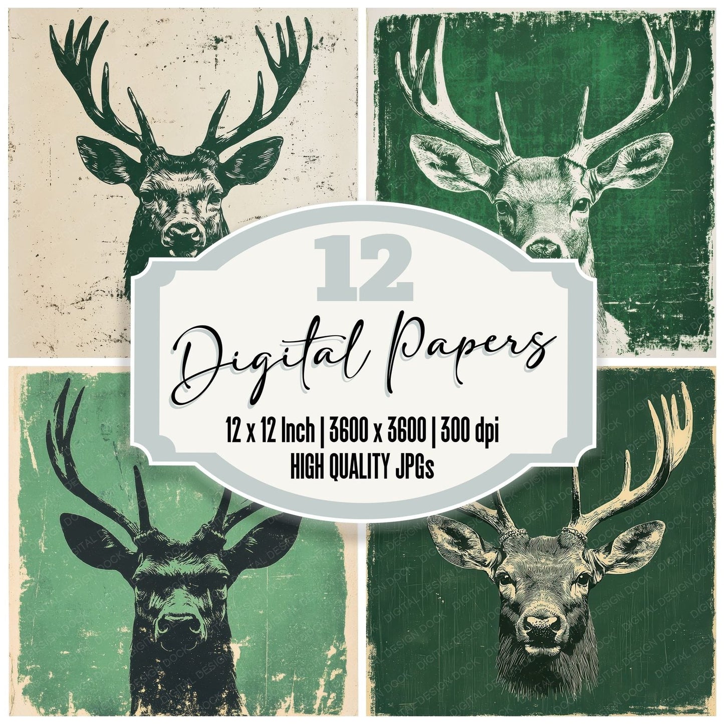 Linocut Deer Side Digital Paper Pack (DDD002373)