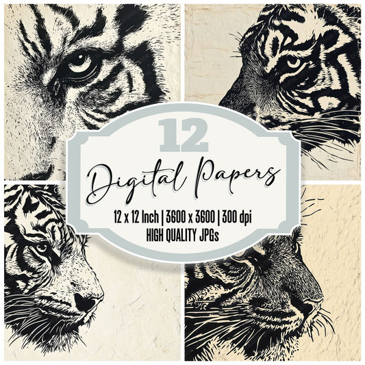 Linocut Tiger Face Digital Paper Pack (DDD002375)