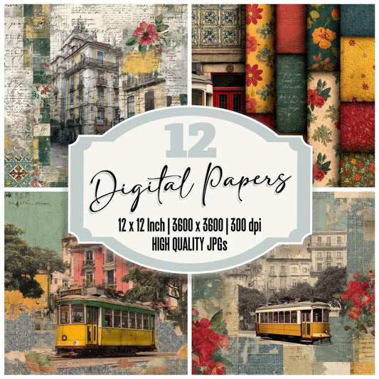 Lisbon Collage Tile Tram Fado Digital Paper Pack (DDD002378)