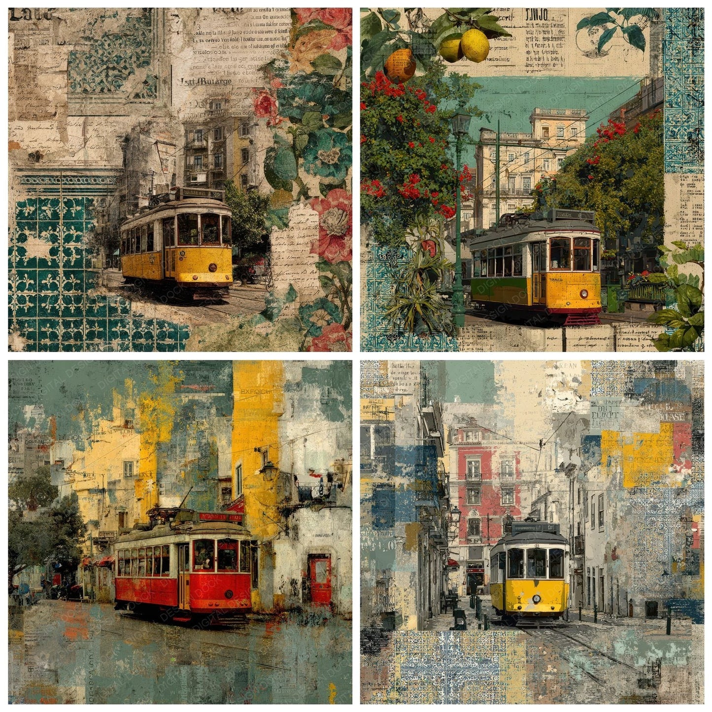 Lisbon Collage Tile Tram Fado Digital Paper Pack (DDD002378)