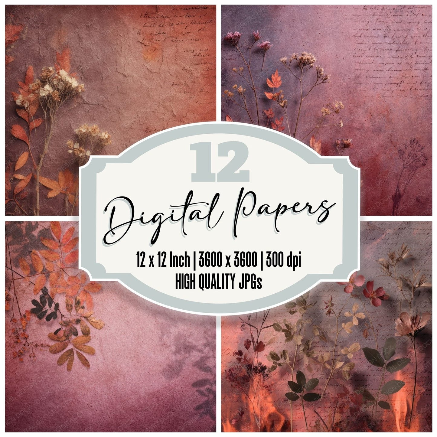 Mauve Rust Botanical Flame Fade Digital Paper Pack (DDD002457)