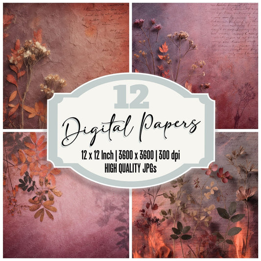Mauve Rust Botanical Flame Fade Digital Paper Pack (DDD002457)
