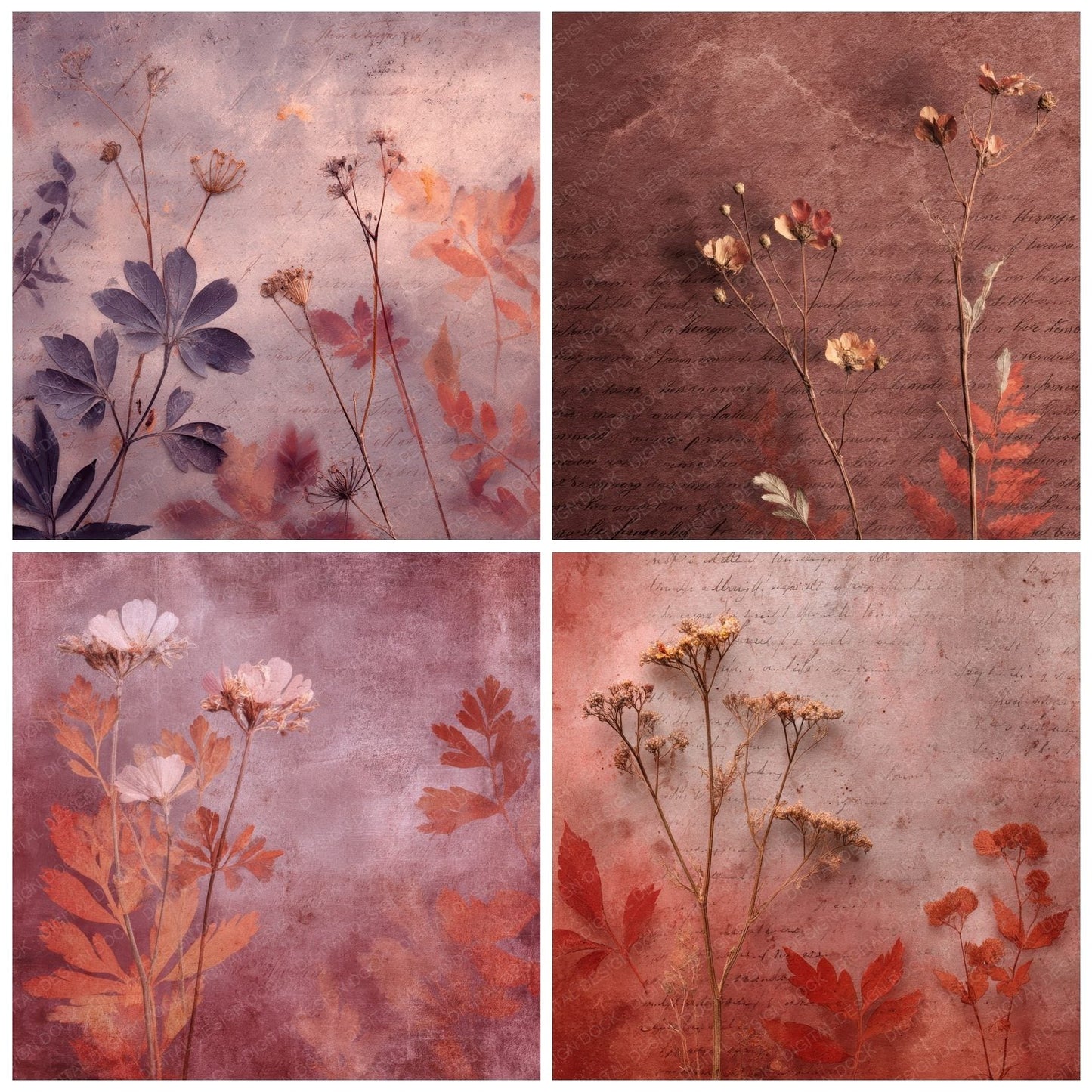 Mauve Rust Botanical Flame Fade Digital Paper Pack (DDD002457)
