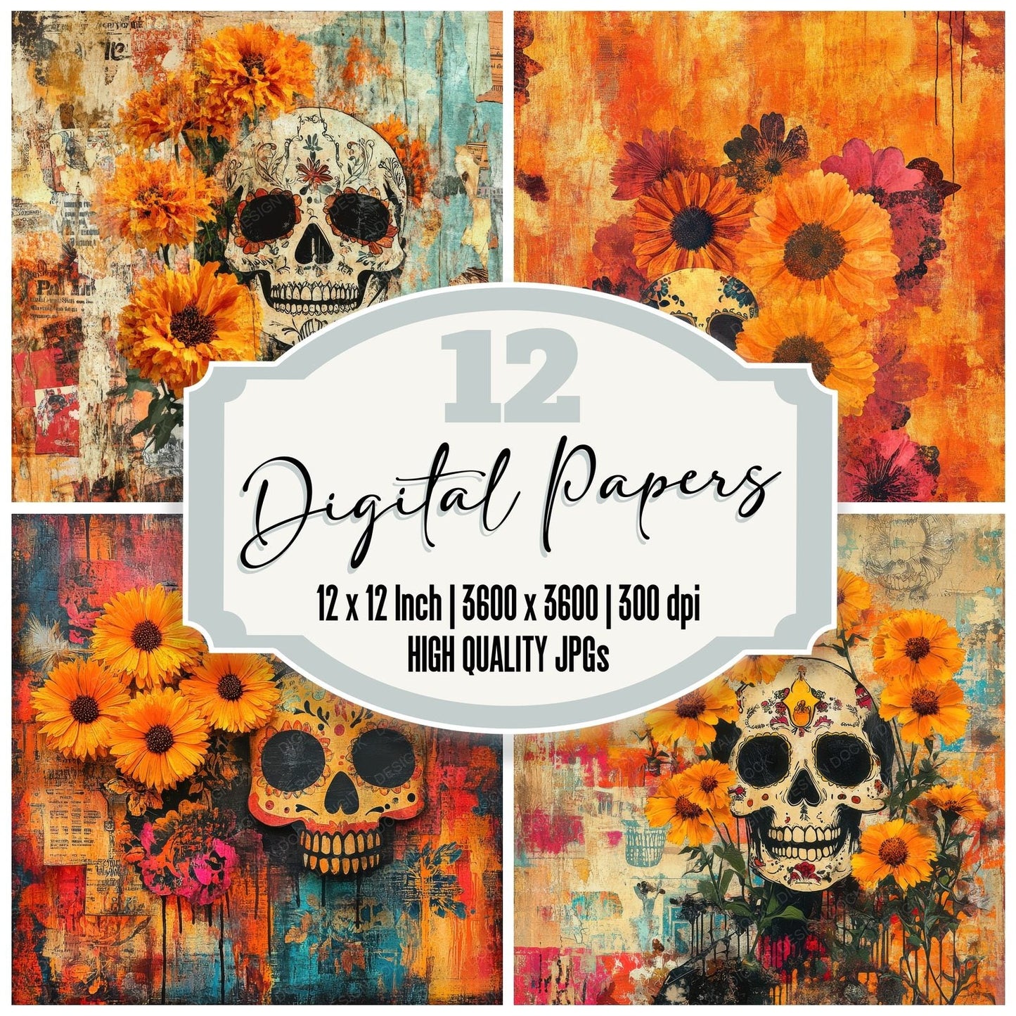 Mexico Marigold Papel Skulls Digital Paper Pack (DDD002490)