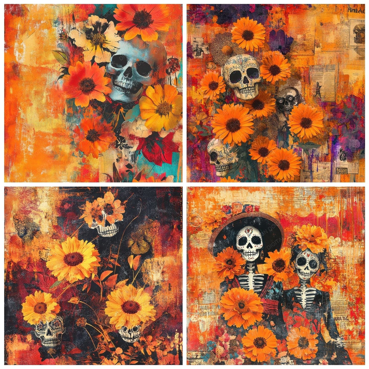 Mexico Marigold Papel Skulls Digital Paper Pack (DDD002490)