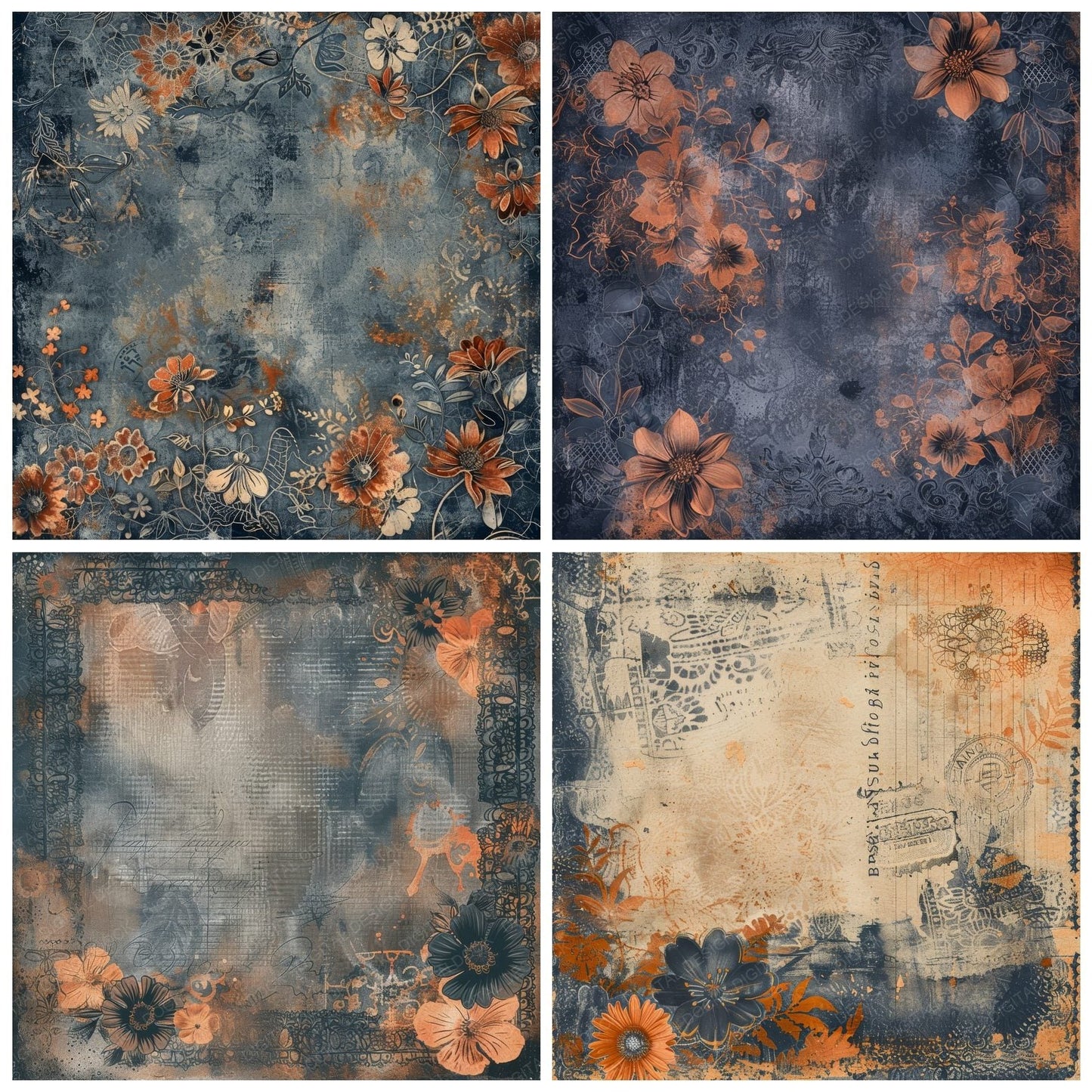 Midnight Blue and Orange Lace Pattern Digital Paper Pack (DDD002500)