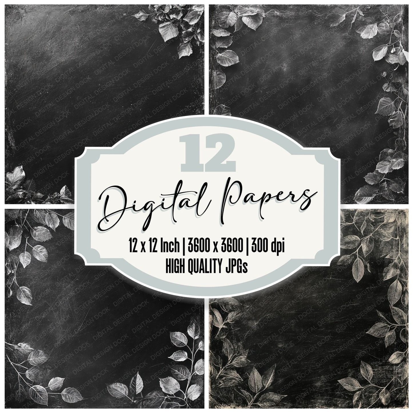 Midnight Chalk Leaves Digital Paper Pack (DDD002504)