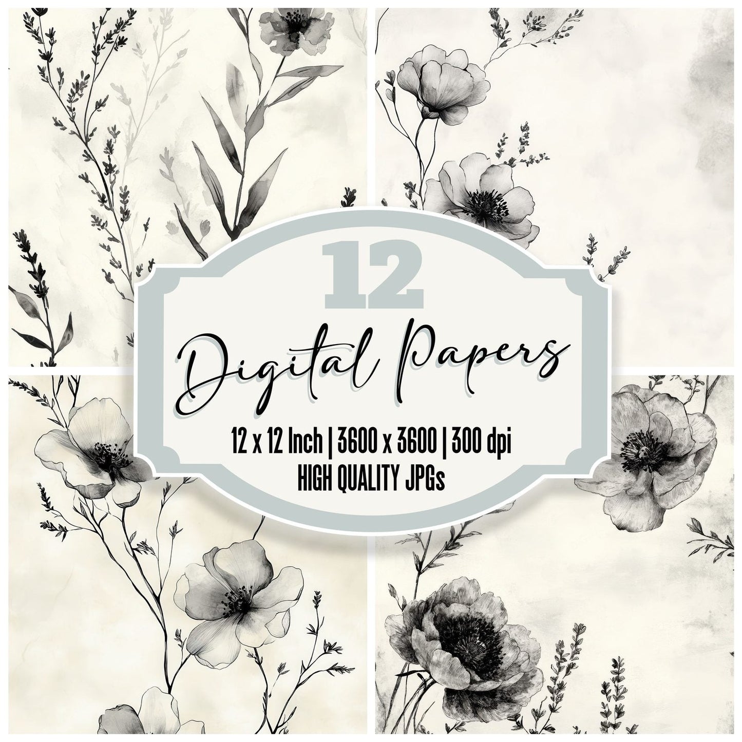 Minimal Ink Bloom Digital Paper Pack (DDD002524)