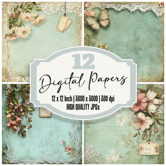 Mint Label Lace Trim Digital Paper Pack (DDD002532)