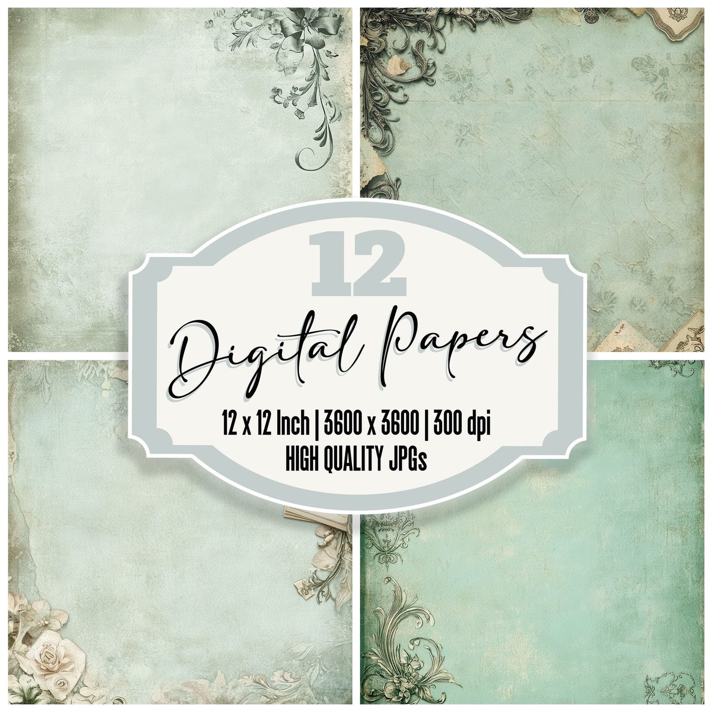 Mint Monogram Scrap Corners Digital Paper Pack (DDD002535)