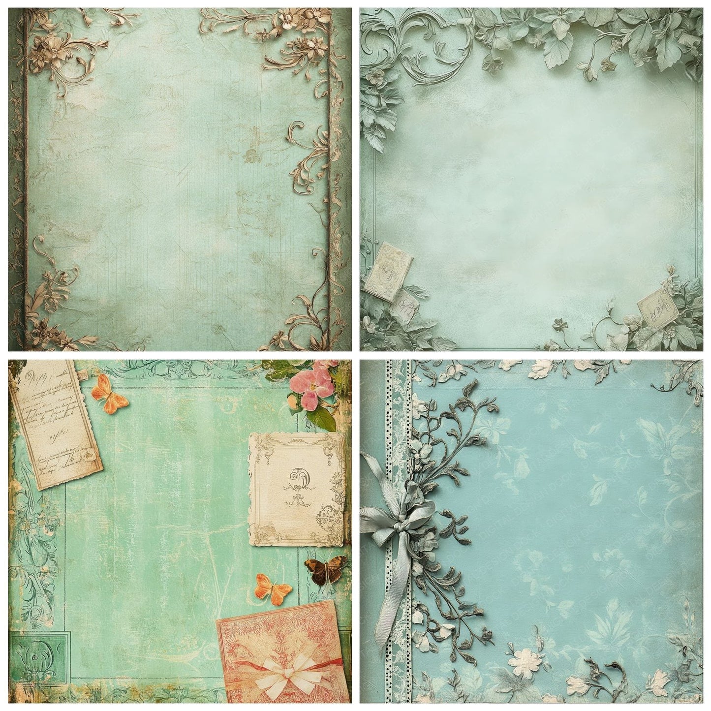 Mint Monogram Scrap Corners Digital Paper Pack (DDD002535)