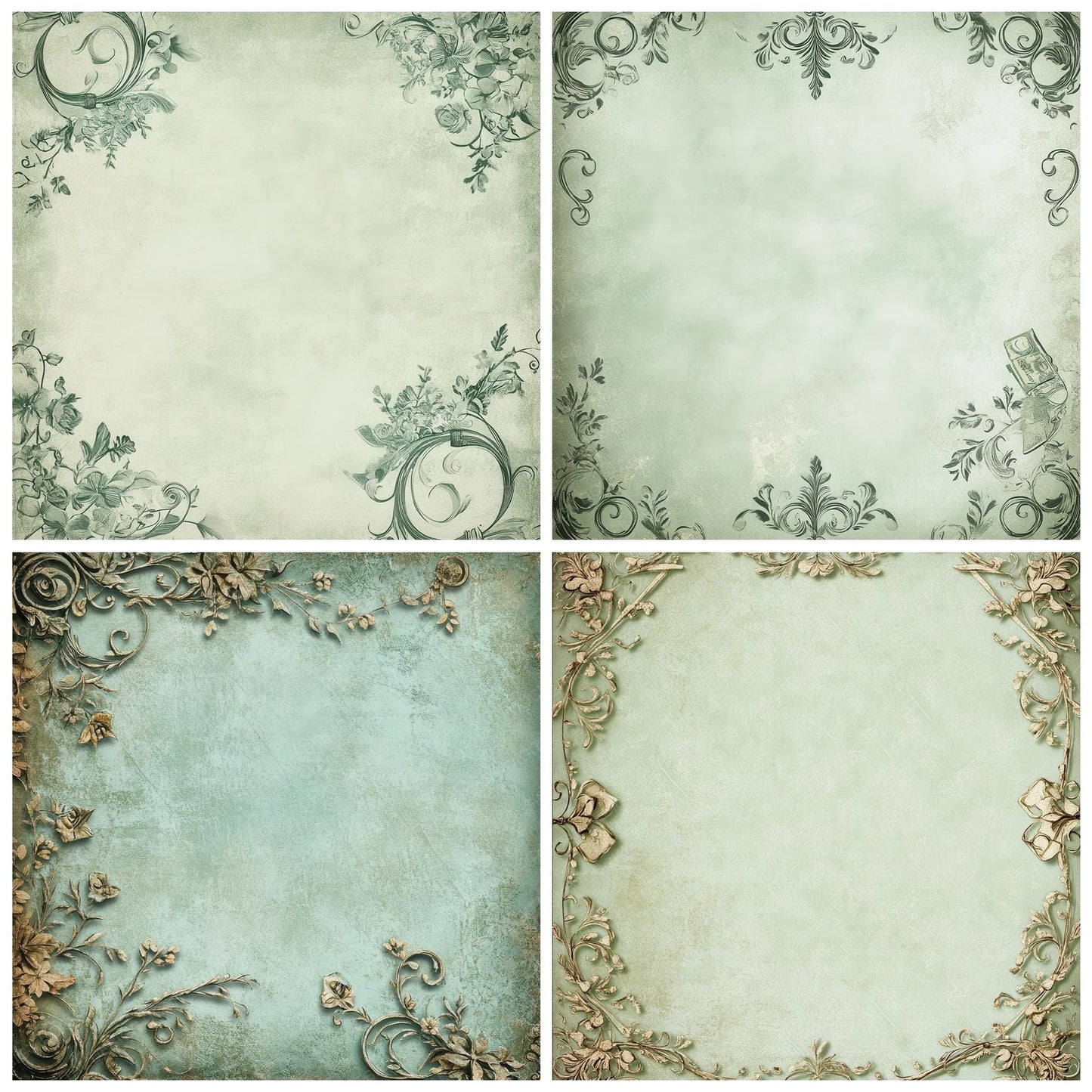 Mint Monogram Scrap Corners Digital Paper Pack (DDD002535)