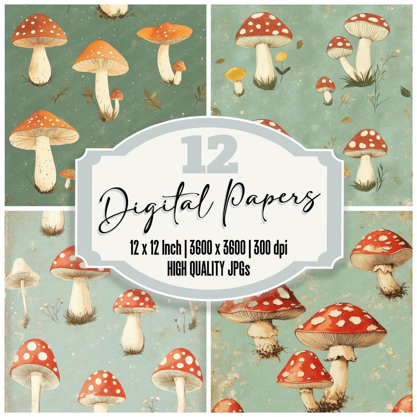 Mint Retro Toadstool Digital Paper Pack (DDD002538)