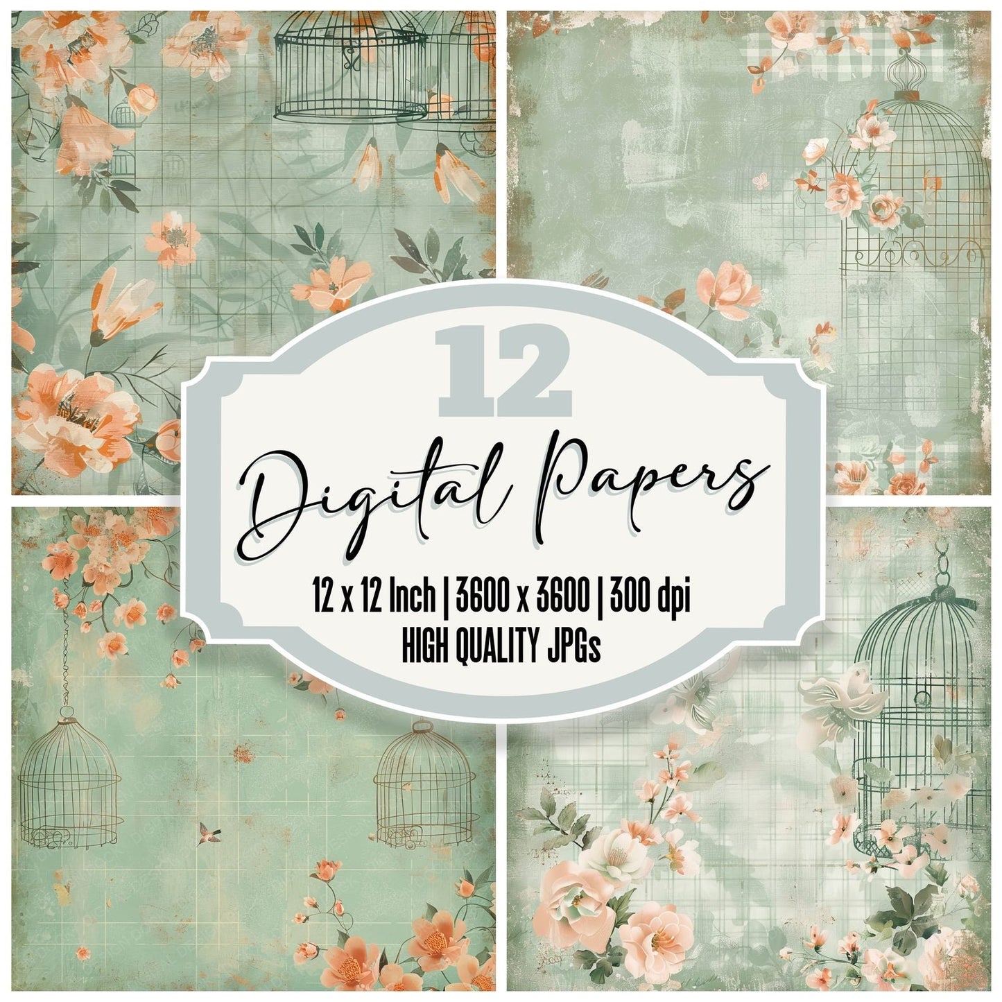 Mint and Peach Plaid Pattern Birdcage Digital Paper Pack (DDD002540)