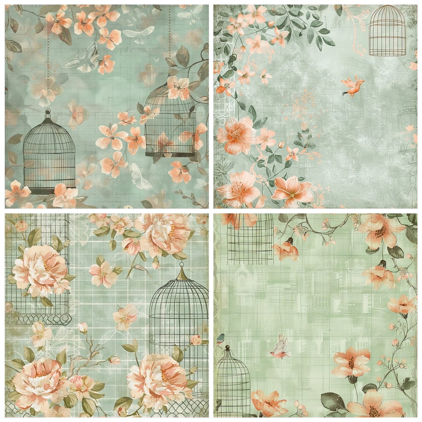 Mint and Peach Plaid Pattern Birdcage Digital Paper Pack (DDD002540)