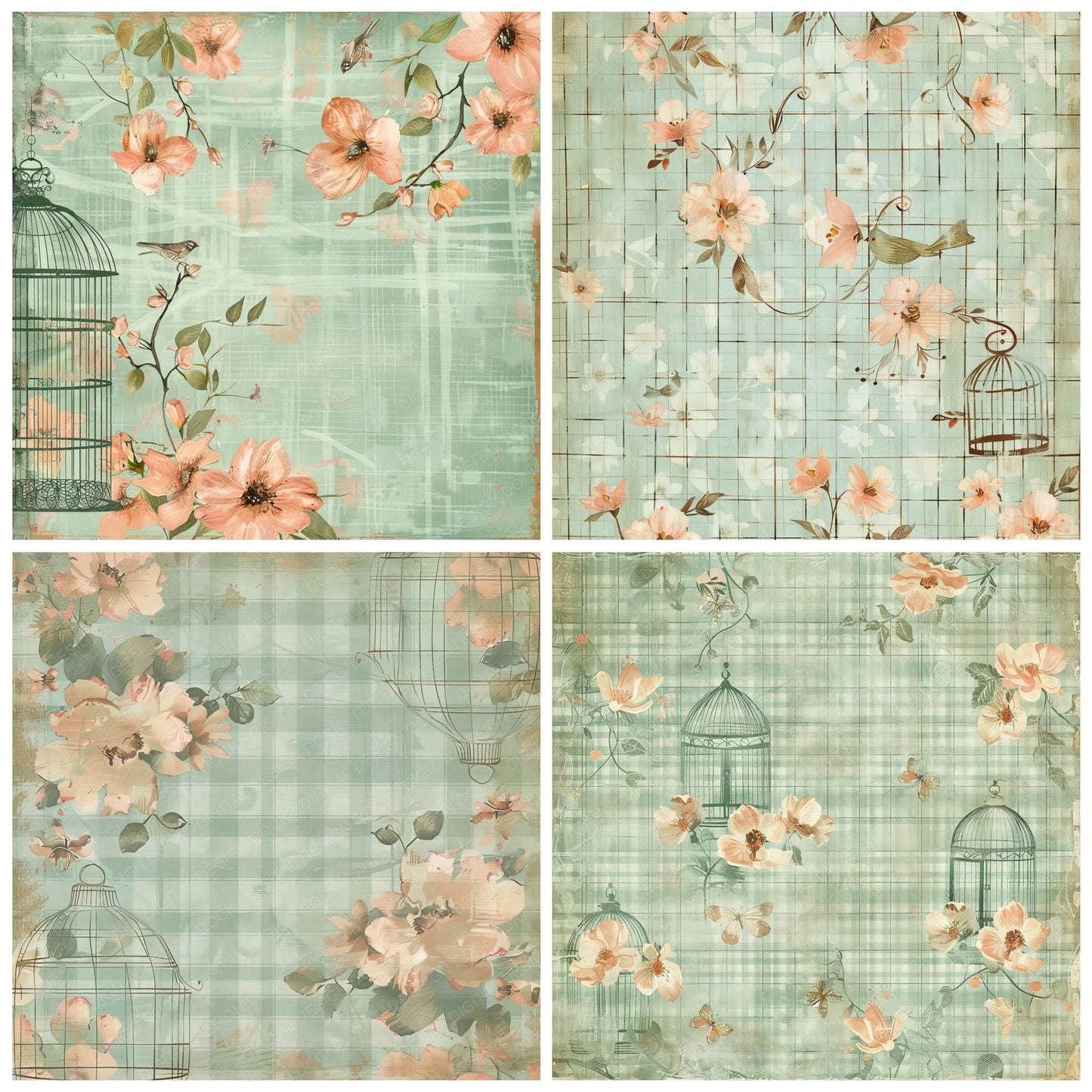 Mint and Peach Plaid Pattern Birdcage Digital Paper Pack (DDD002540)