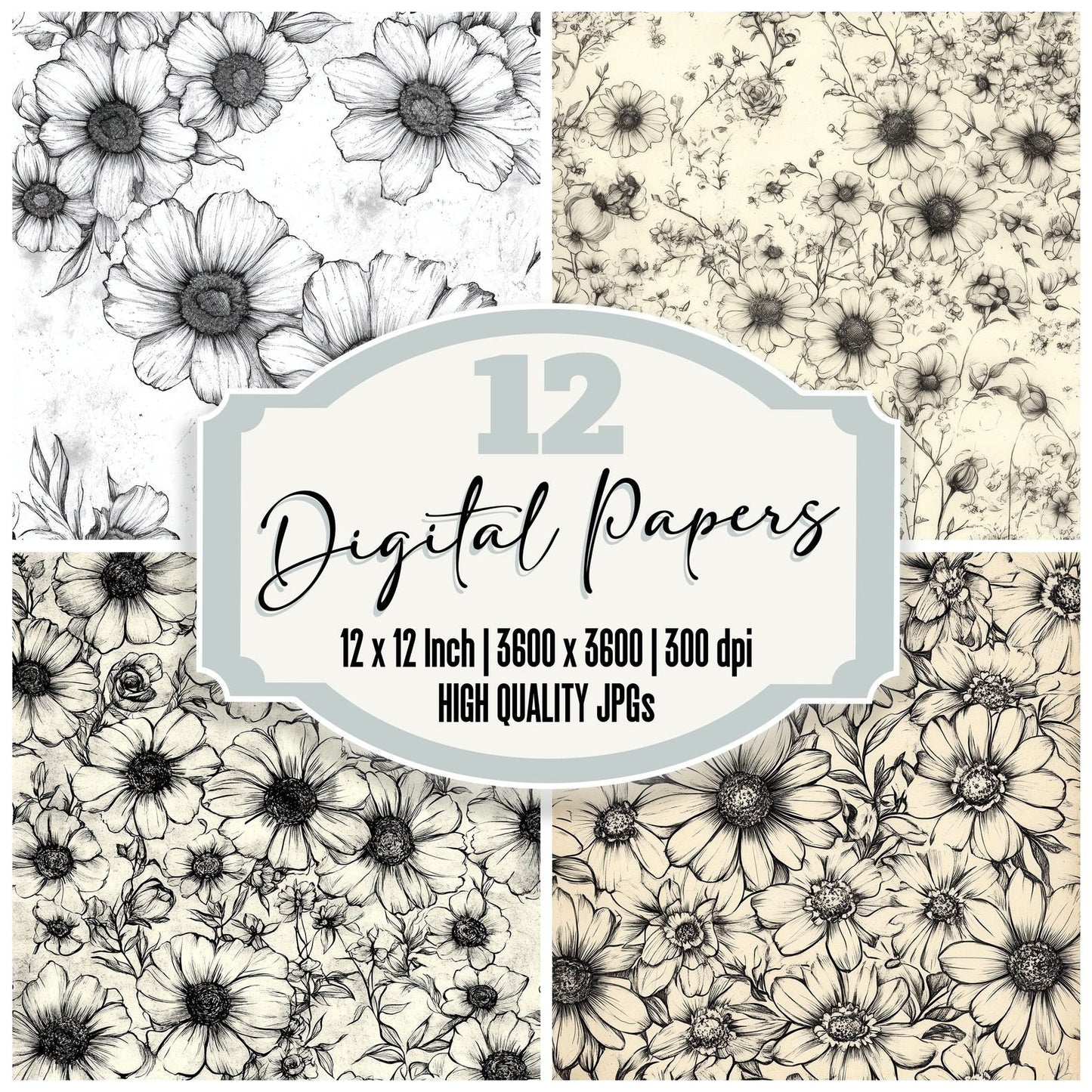 Mono Sketch Florals Digital Paper Pack (DDD002574)