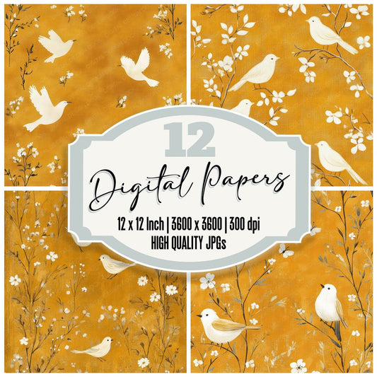Mustard Bird Print Digital Paper Pack (DDD002643)