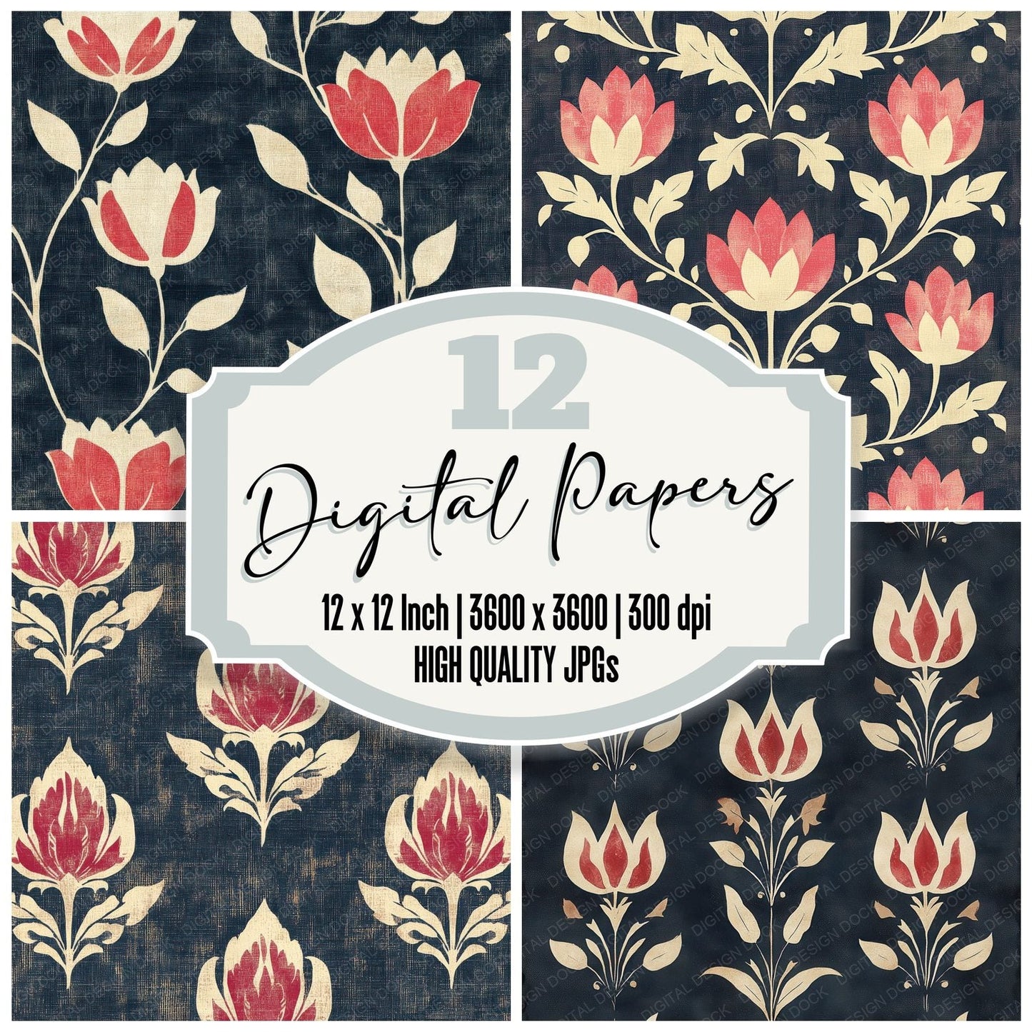 Navy Tulip Folk Digital Paper Pack (DDD002671)