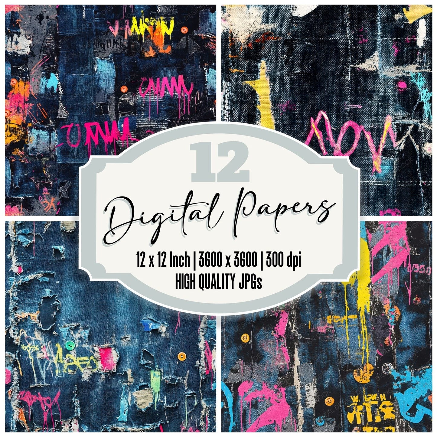 Neon Graffiti Denim Background Digital Paper Pack (DDD002699)