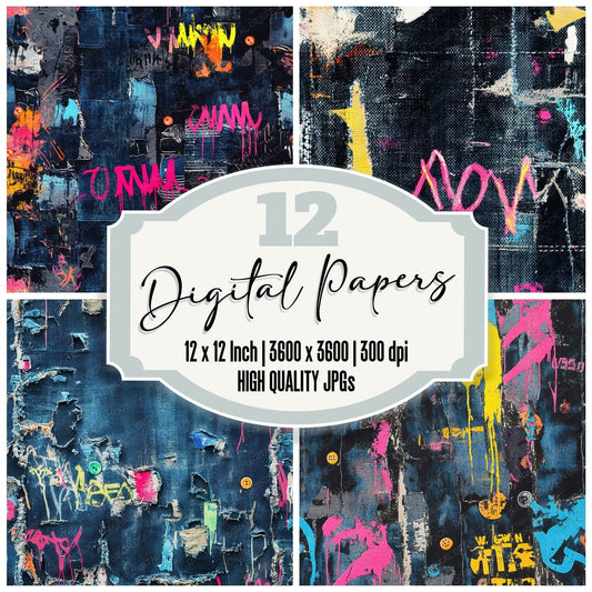Neon Graffiti Denim Background Digital Paper Pack (DDD002699)