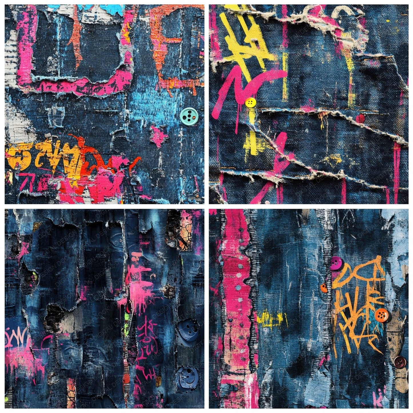 Neon Graffiti Denim Background Digital Paper Pack (DDD002699)