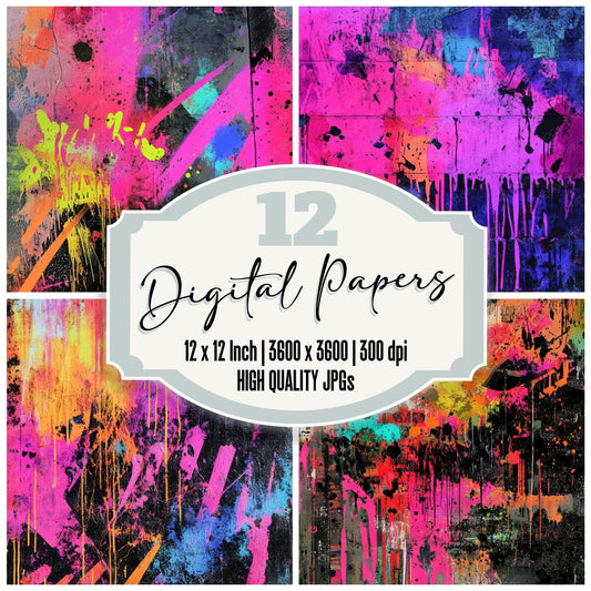 Neon Graffiti Splatter Background Digital Paper Pack (DDD002700)