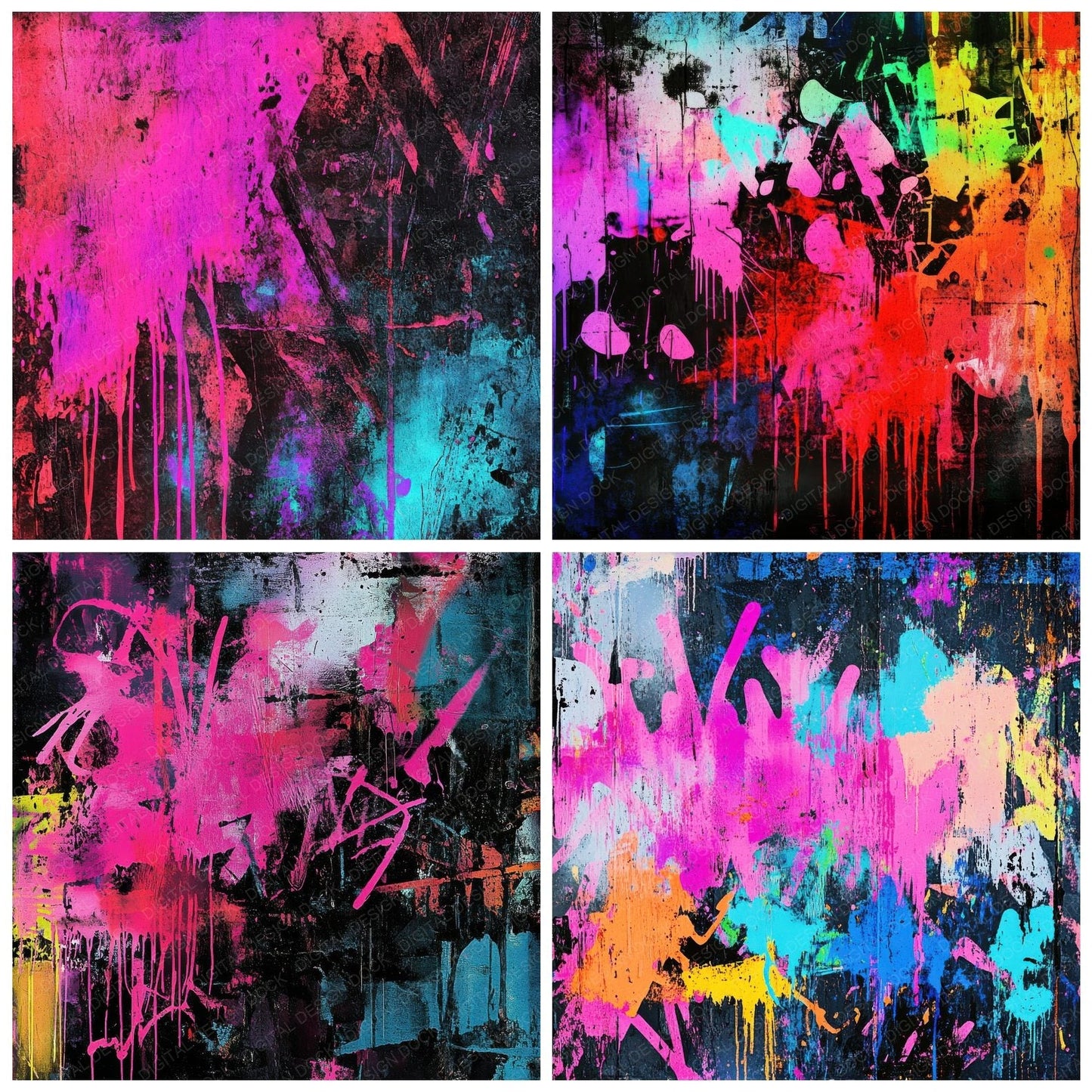 Neon Graffiti Splatter Background Digital Paper Pack (DDD002700)