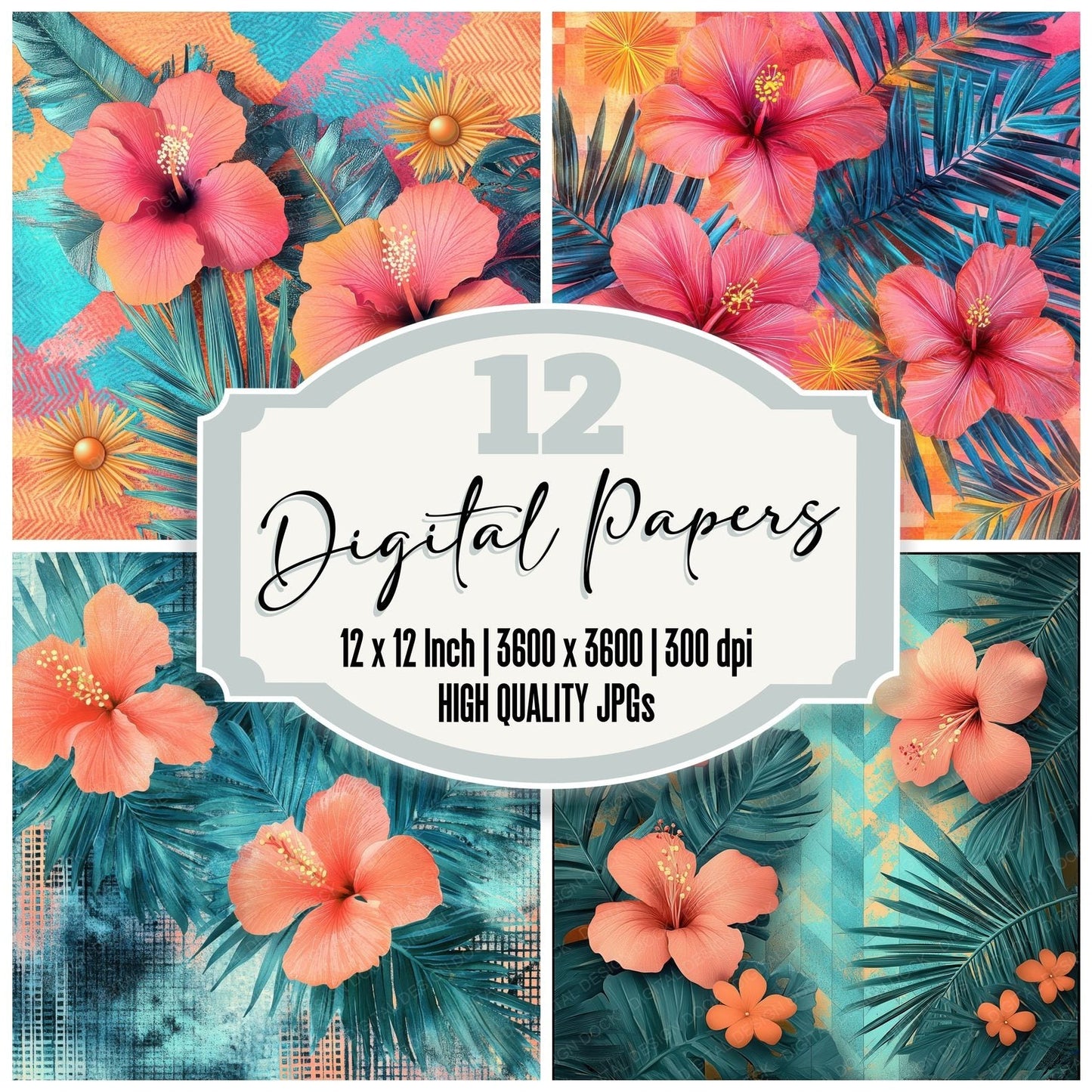 Neon Hibiscus Wave Digital Paper Pack (DDD002704)