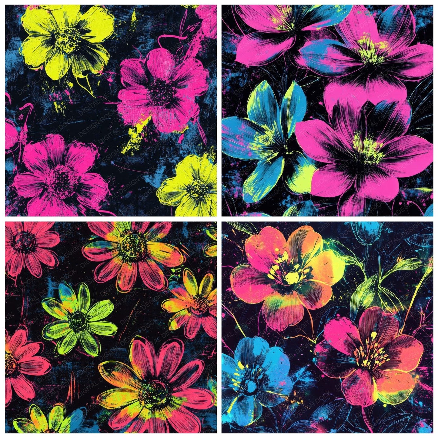 Neon Night Flowers Digital Paper Pack (DDD002715)