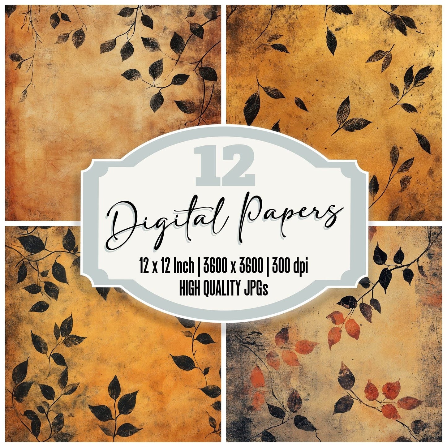 Ochre Ink Leaves Digital Paper Pack (DDD002785)