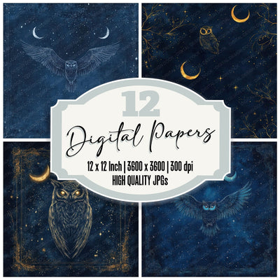 Owl Night Border digital paper pack cover showing four of the 12 papers