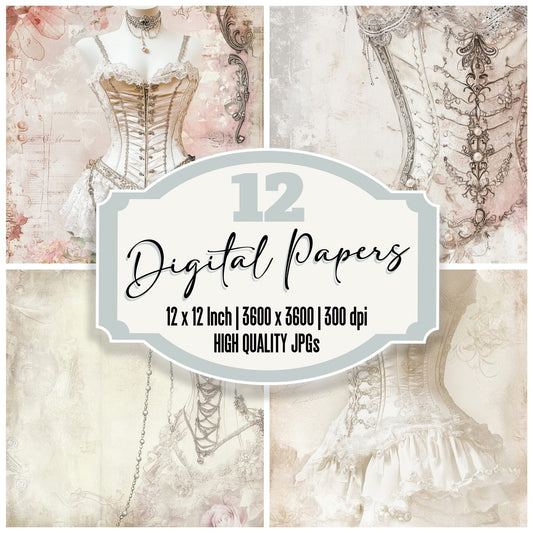 Pale Ivory Lace Victorian Corset Digital Paper Pack (DDD002874)