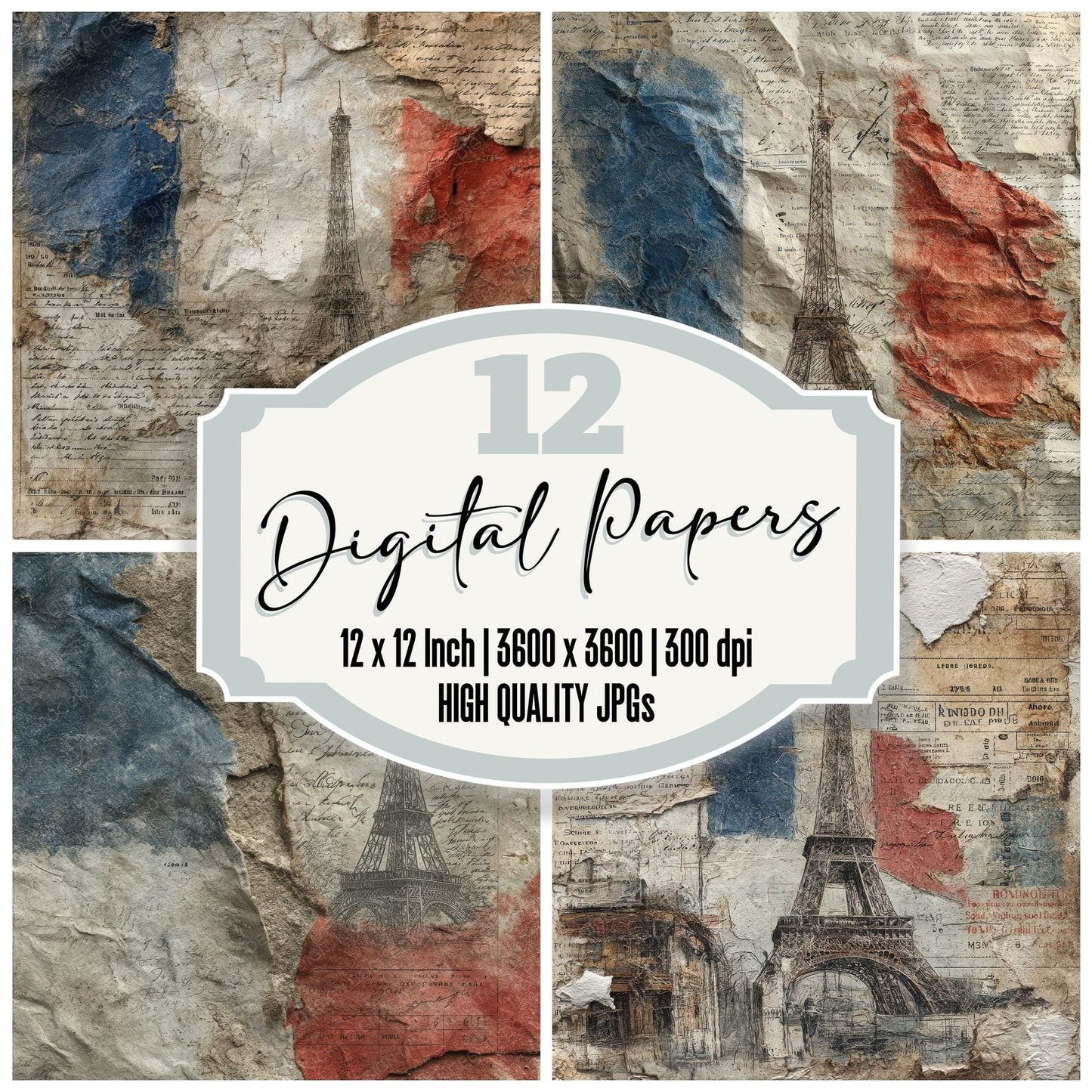 Paris Collage France Map Cafe Digital Paper Pack (DDD002895)