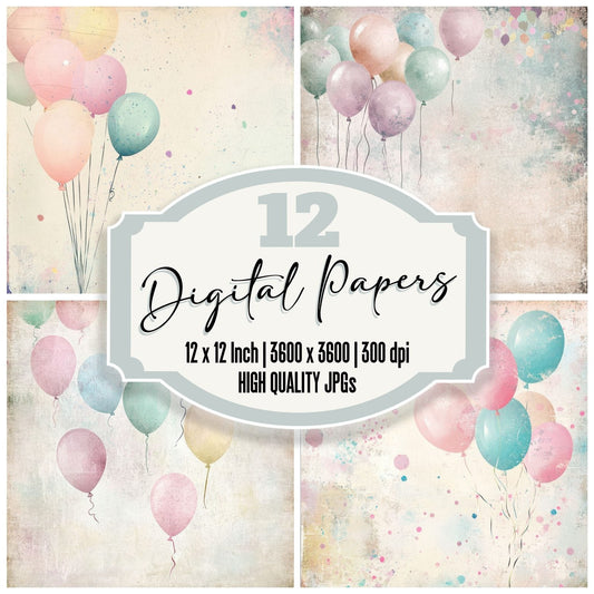 Pastel Balloons Confetti Background Digital Paper Pack (DDD002906)