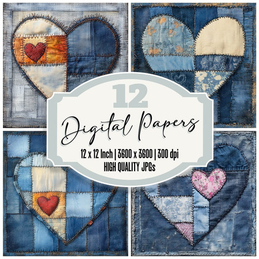 Patchwork Denim Heart Digital Paper Pack (DDD002939)