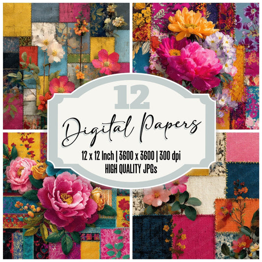 Patchwork Quilt Floral Block Stitch Digital Paper Pack (DDD002944)
