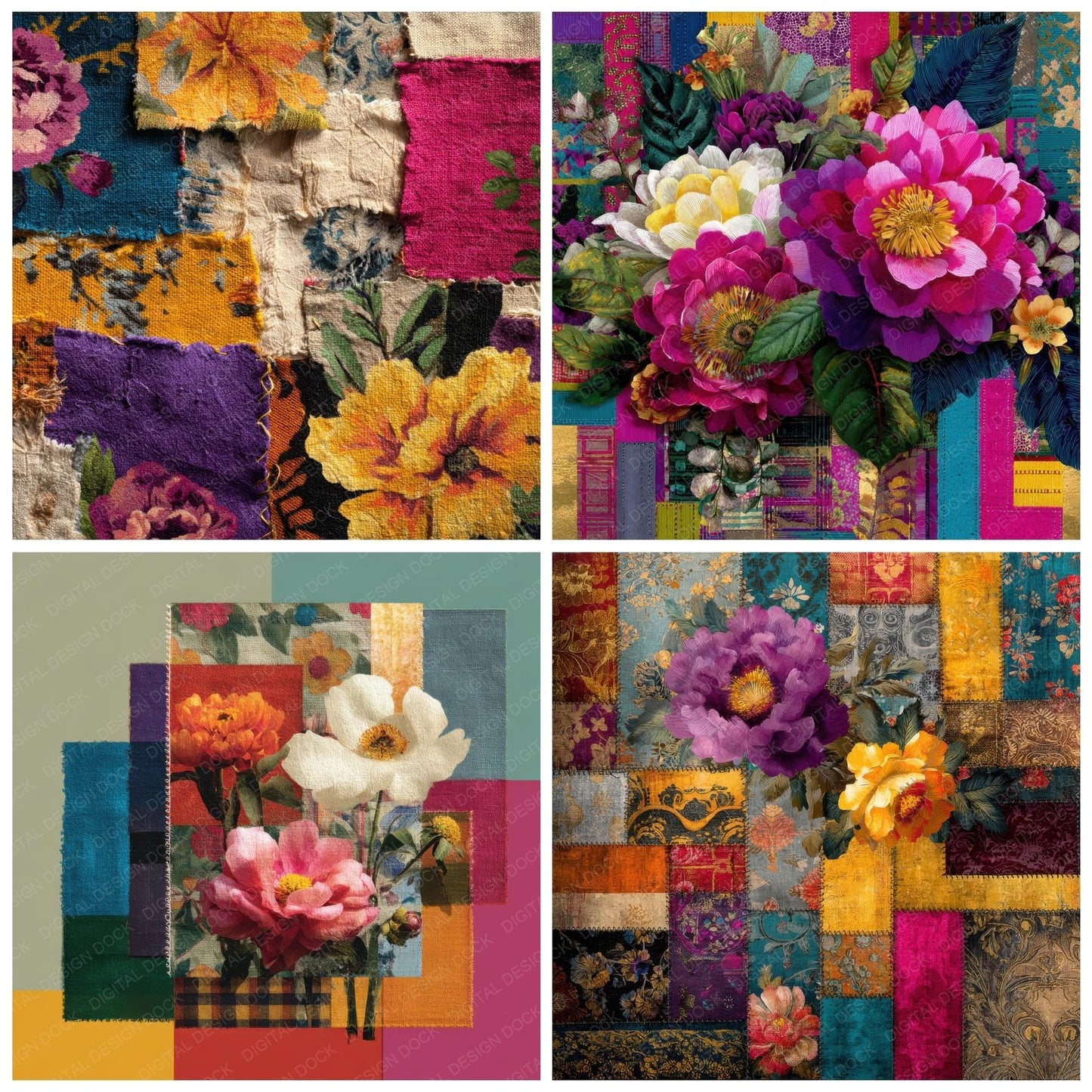 Patchwork Quilt Floral Block Stitch Digital Paper Pack (DDD002944)