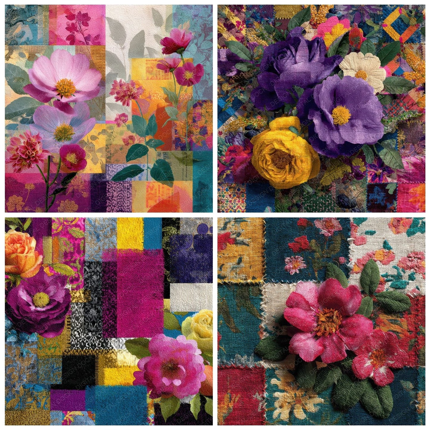 Patchwork Quilt Floral Block Stitch Digital Paper Pack (DDD002944)