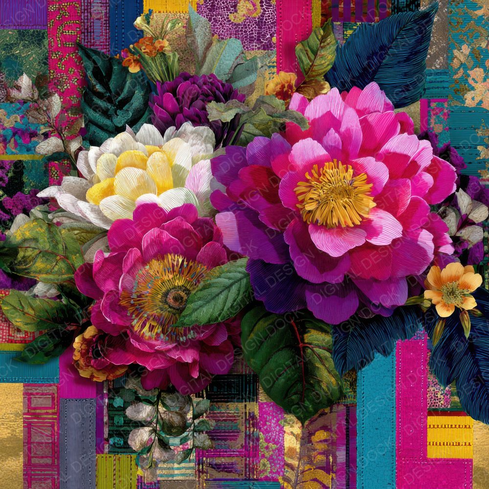 Patchwork Quilt Floral Block Stitch Digital Paper Pack (DDD002944)