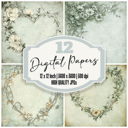 Peony Scroll Heart Digital Paper Pack (DDD002974)