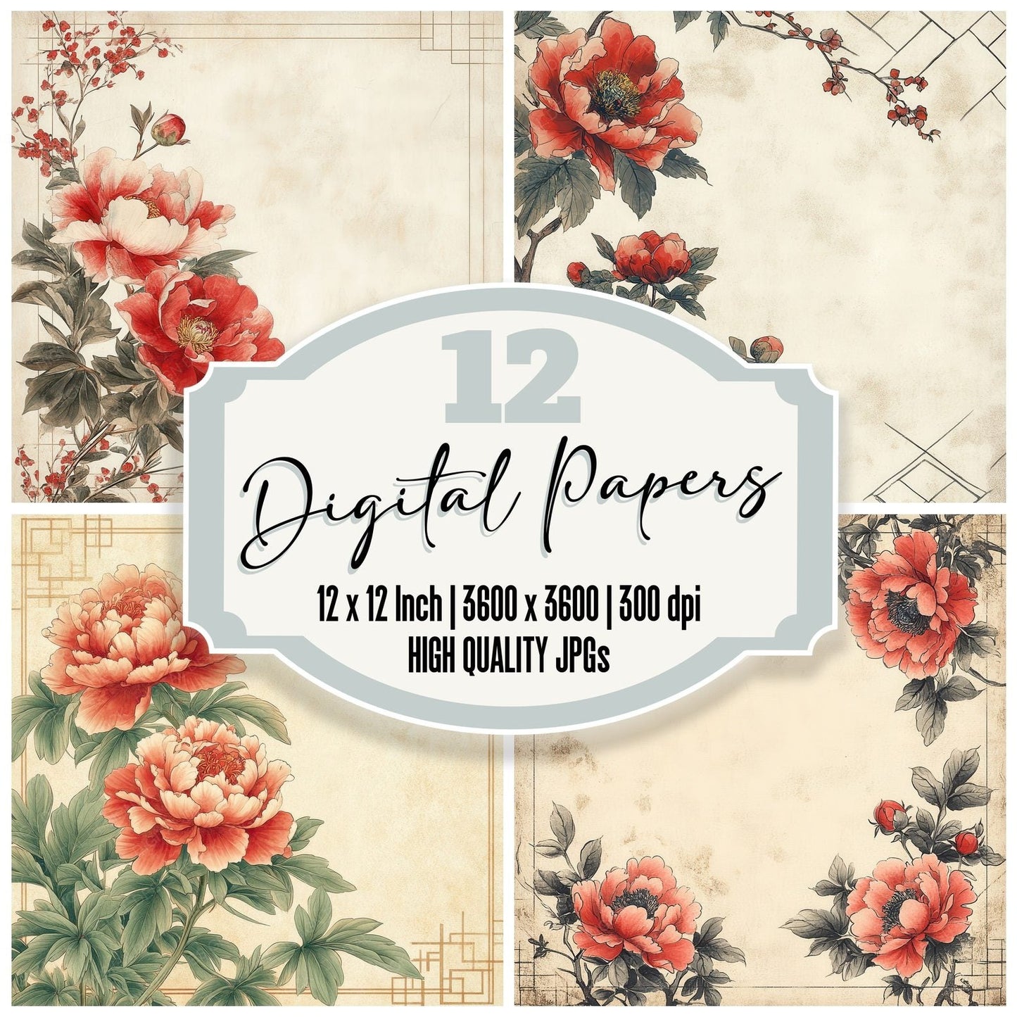 Peony Ukiyo Border Digital Paper Pack (DDD002975)