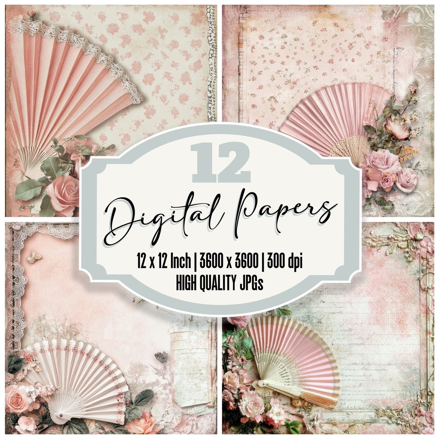 Pink Fan Collage Digital Paper Pack (DDD002997)